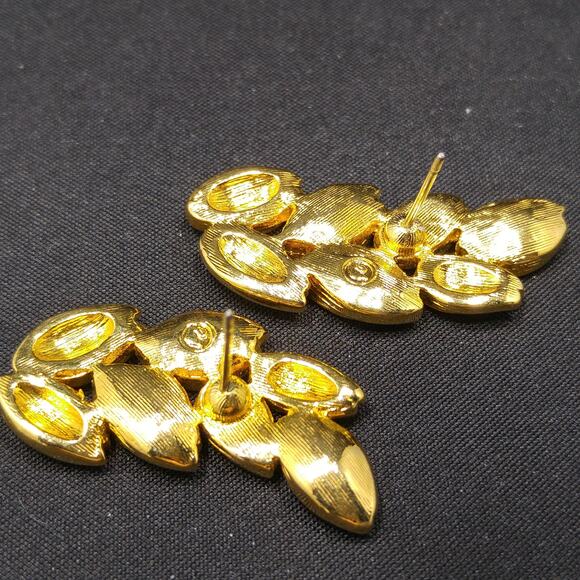Vintage Swarovski Leaf Earrings, Gold Plated Red Green Purple Rhinestones, 1990s - Picture 8 of 10